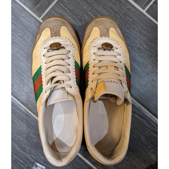 Gucci | Women's Yellow Leather Sneakers With Web G74 - Picture 7 of 16